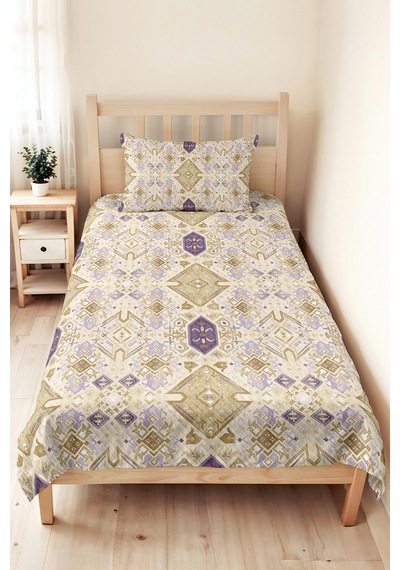 Geometrik Bohem Bej Genç Odası Tek Kişilik Pike Takımı - Lila Etnik 160x220 Cm Kapitone Yatak Örtüsü Naif Koru Işıltısı