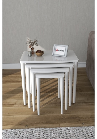 Renlife Zigon Sehpa 4'lü Lake Boyalı Mdf Beyaz Beyaz Lake