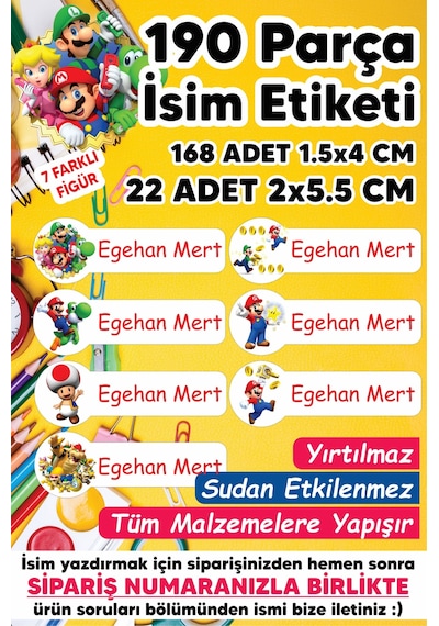 Okul Etiketi Kalem Defter Etiketi Süper Mario Temalı Özel Isim Yazılabilen Etiket - 190 Adet
