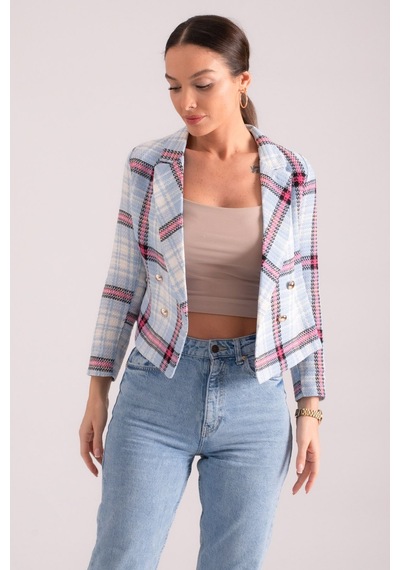Armonika Kadın Mavi-fuşya Kruvaze Yaka Tüvit Crop Ceket Arm-24k001014