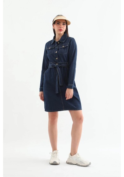 Banny Jeans Kadın Kuşaklı Uzun Kollu Elbise Lacivert