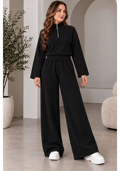 Aymiraa Kadın Triko İkili Takım Fermuarlı Sweatshirt Geniş Paça Pantolon Salaş Oversize Rahat Günlük Takım Siyah Siyah Aymiraa Kadın Triko İkili Takım Fermuarlı Sweatshirt Geniş Paça Pantolon Salaş Oversize Rahat Günlük Takım Siyah Siyah