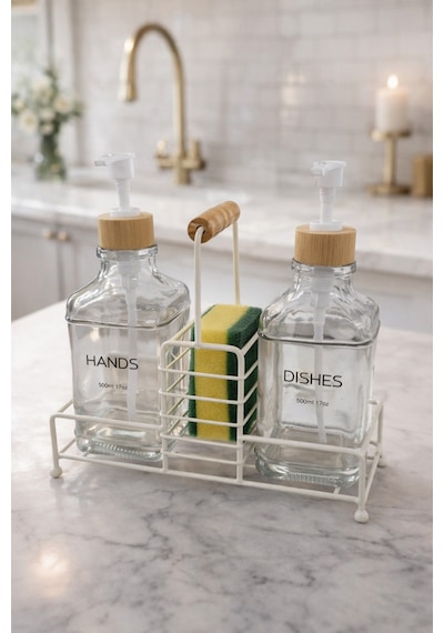 Makri Home Lüks Bambu Kulplu Beyaz Metal Stantlı İkili Cam Sıvı Sabunluk 500 Ml, 23x9x23,5 Cm