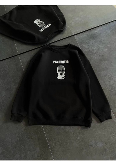 Mbb E-ticaret Kadın 3 İplik Kışlık Bisiklet Yaka Baskılı Sweatshirt - Siyah