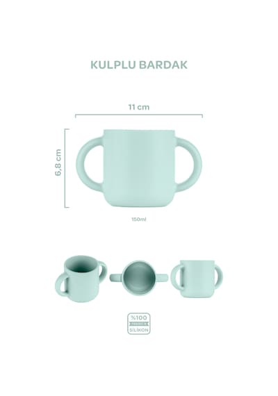 Silikon Beslenme Seti 4'lü Spring Yeşil / Mama Önlüğü, Mama Tabağı, Bandırma Kaşığı, Kulplu Bardak