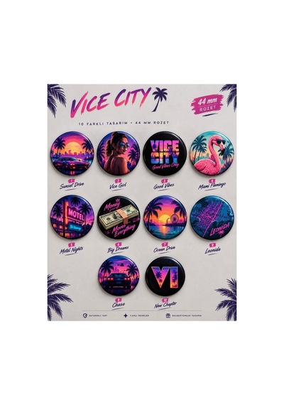 Gta Vı Rozet 44 Mm Retro Miami Rozet Seti Neon Vice City Temalı Rozetleri 10'lu Yuvarlak İğneli Rozet Diğer