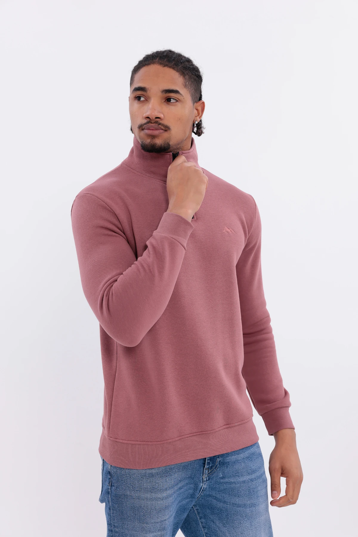 S4 Yarım Fermuarlı 3 İplik Şardonlu Sweatshirt Gülkurusu