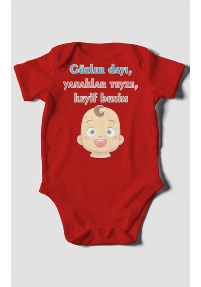 Gözler Dayı Yanaklar Teyze,keyif Benim Baskılı Bebek Zıbını Çıtçıtlı Body %100 Pamuk Kısa Kol Kırmızı