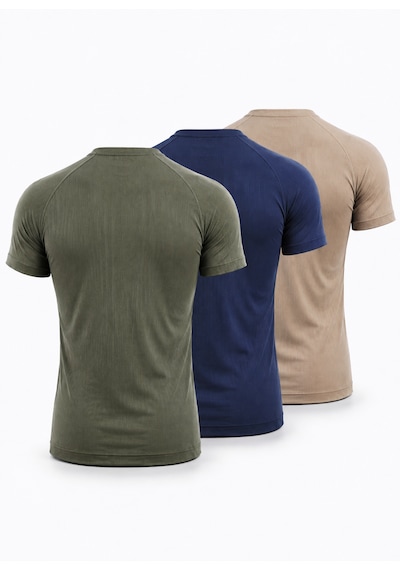 Sapeur 3'lü Erkek Premium Ribana Compression Spor Ve Günlük Tişört - Ultra Esnek Ve Nefes Alan Haki - Lacivert - Bej