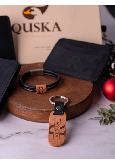 Quska Kişiye Özel İsimli El Yapımı Hakiki Deri Siyah Kartlık+anahtarlık+bileklik Set - Grain Minimal Siyah