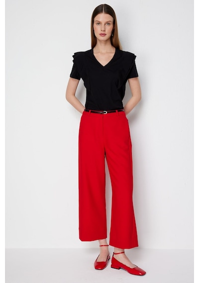 Ekol Kadın Beli Kemerli Kısa Bol Paça Pantolon 4012 Kırmızı