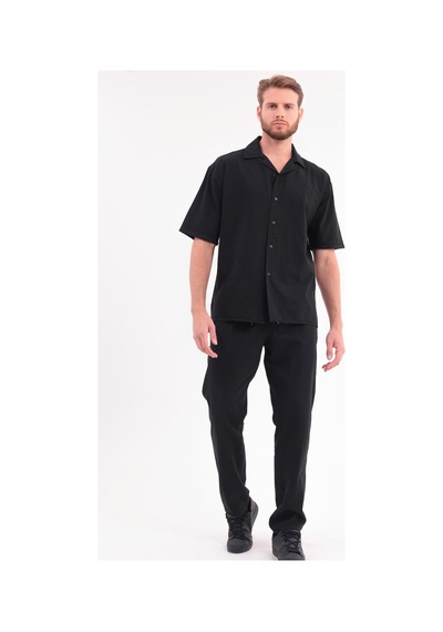 Erkek Siyah Keten Takım Oversize Gömlek & Pantolon 2'li Set Bağcıklı Rahat Yazlık Kombin