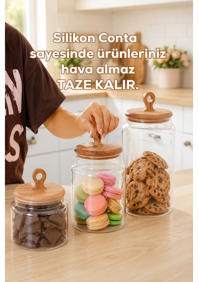 Porsima 4468 Handmade Vakum Kapaklı 3lü Cam Kavanoz Seti Vakum Kapaklı Saklama Düzenleme Kabı Seti Şeffaf