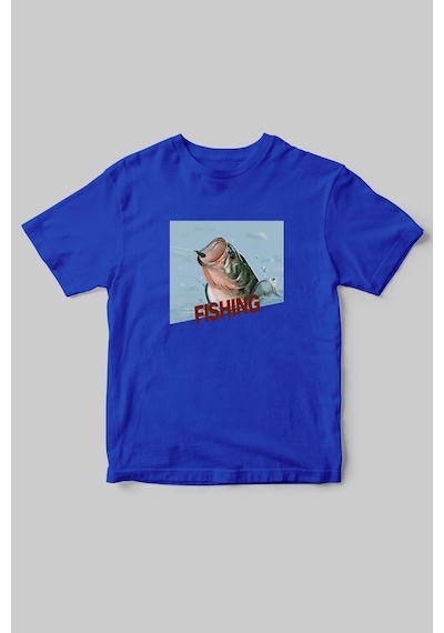 Fishing Balıkçıklık, Deniz Balık Avcılığı Regular Fit %100 Pamuk Bisiklet Yaka Hunter Mavi T-shirt Saks Mavi