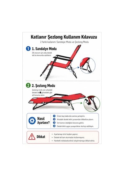 Litus Katlanır Şezlong Plaj Şezlongu Kamp Sandalyesi - Kırmızı