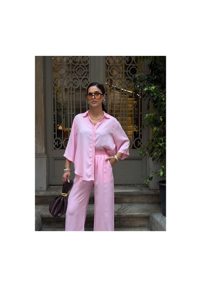 Meecy Kadın Tencel Kumaş Pantolon Gömlek Takım Pembe Pembe