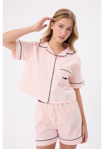 Lespadon Marısılk Seastrıpe Kadın Yazlık Şortlu Crop Gömlekli Pijama & Lounge Takımı-3173 Pembe