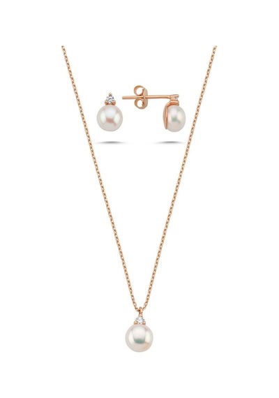 8,5 Mm Doğal İnci 2,28 Karat Pırlantalı Küpe Kolye İkili Set 50 Cm / Rose Gümüş