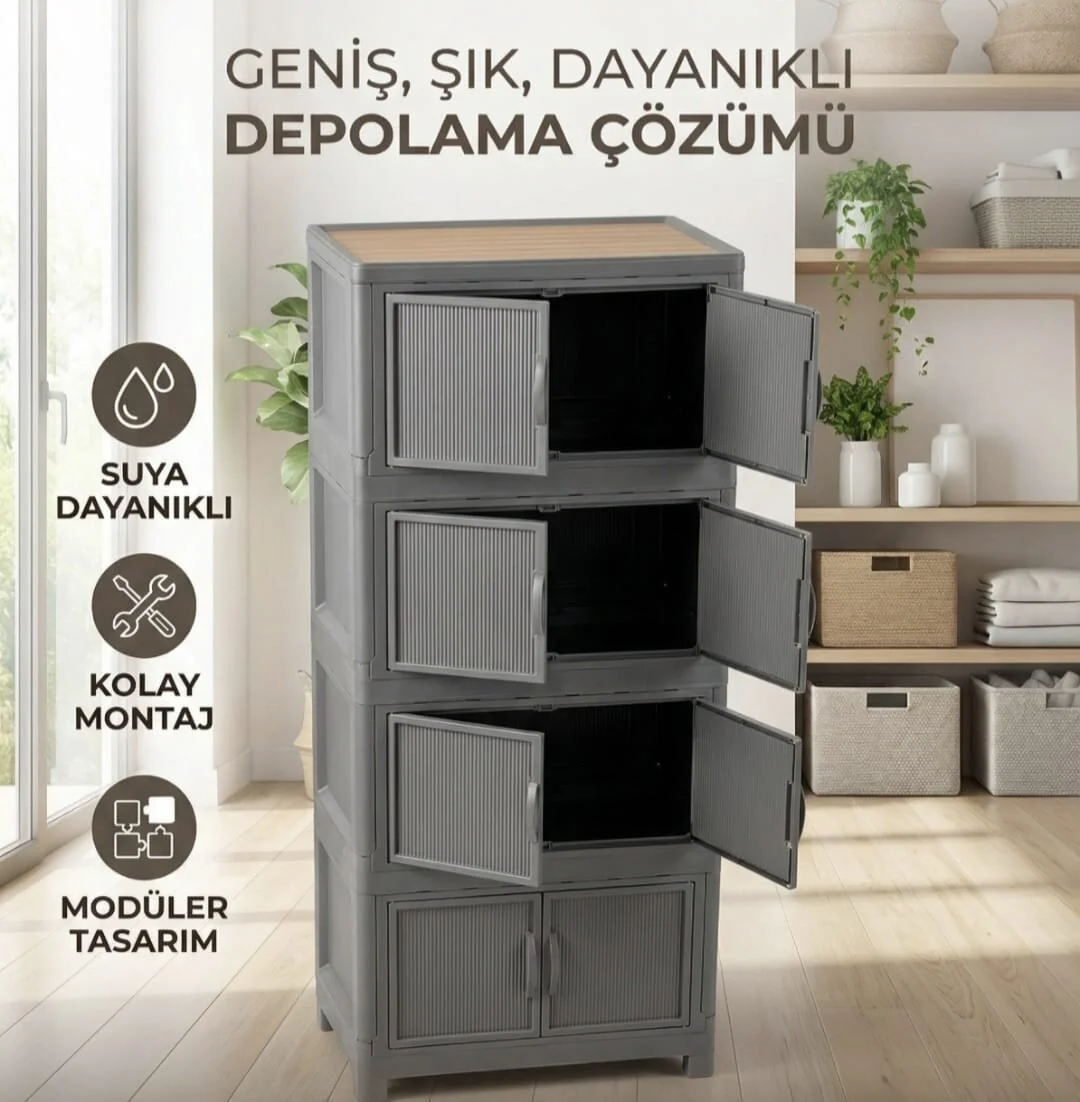 Ceritoğlu 4 Lü Katlanabilir Çok Amaçlı Plastik Dolap-kapaklı-dekoratif Ve Şık Görünüm Koyu Gri