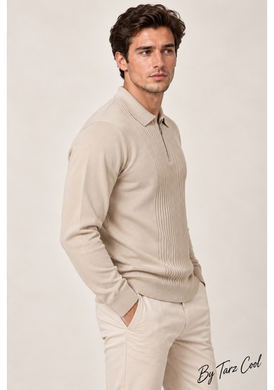 Erkek Polo Yaka Yarım Fermuarlı Önü Fitilli Slim Fit Akrilik Pamuk Triko Kazak Bej