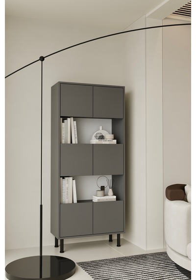Hitit Kitaplık 175 Cm - Vitrin - Gümüşlük 100% Mdf Metal Ayak Gri