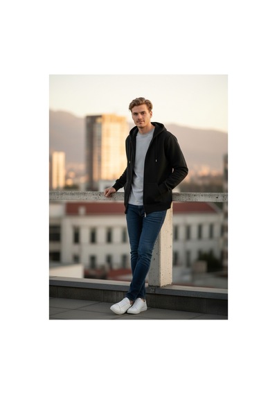 Mellorenzo Erkek Kapşonlu Fermuarlı Sweatshirt Siyah Siyah