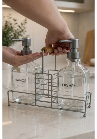 Makri Home Lüks Bambu Kulplu Gri Metal Stantlı İkili Cam Sıvı Sabunluk 500 Ml, 23x9x23,5 Cm