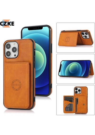 Iphone 12 Pro Max Uyumlu Kart Bölmeli Cüzdanlı Deri Kılıf Taba