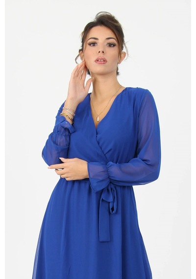Neşeli Butik Kadın Kruvaze Yaka Bağlama Detaylı Yeni Sezon Uzun Şifon Elbise Kts003 Saks