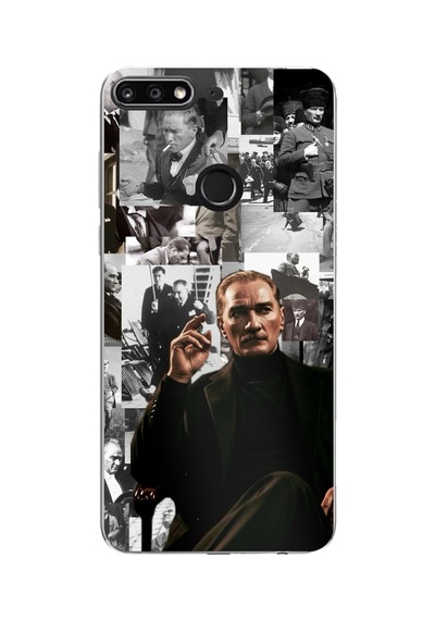 Huawei Y7 2018 - Honor 7c Uyumlu Mustafa Kemal Atatürk Kolajları Baskılı Silikon Kılıf