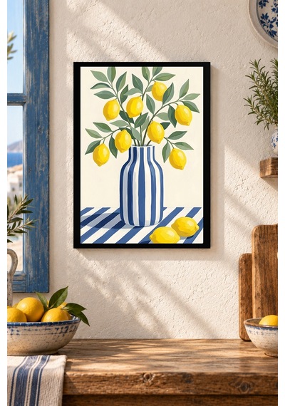 Limonlu Mavi Çizgili Vazo Desenli Dekoratif Mdf Tablo, Çerçeve Görünümlü Ahşap Poster