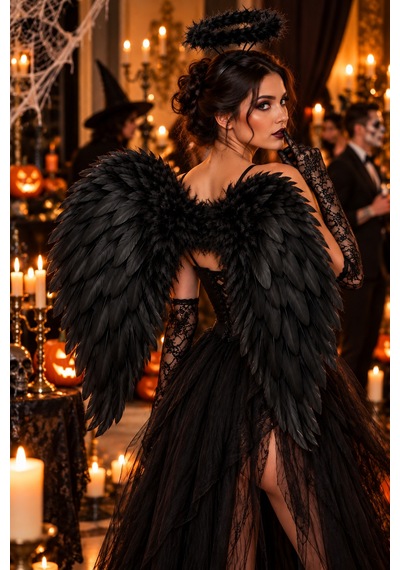 Halloween Siyah 80x70 Melek Kanadı Haleli Melek Tacı Uzun Dantel Eldiven 3'lü Kostüm Seti Cadılar Bayramı