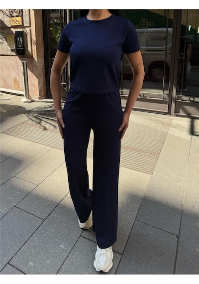 WeShaya Lacivert Polyester Keten Palazzo Takım Lacivert