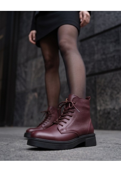 Futsishoes Ravenna Bordo Hakiki Deri Bağcıklı Kalın Taban Topuklu Postal Kadın Bot