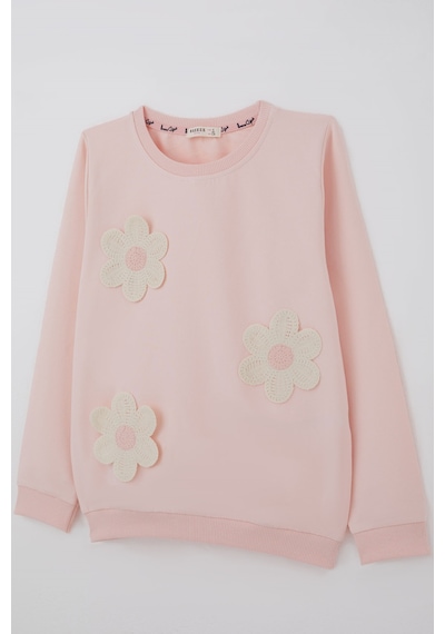 Breeze Kız Çocuk Sweatshirt Triko Papatya Aplikeli 4-8 Yaş , Pudra