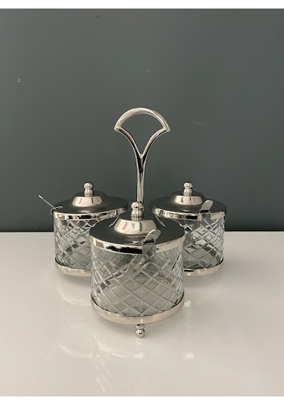 Lamedore Standlı Yuvarlak 3 Lü Baharatlık Seti Nikel 21x21x19,5 Cm Gümüş