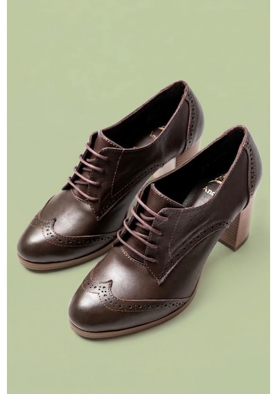 Analin Shoes Kadın Hakiki Deri Bağcıklı Oxford Topuklu Ayakkabı Kahve