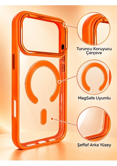 Iphone 17 Pro Magsafe Renkli Çerçeve Şeffaf Kılıf Metal Kamera Korumalı
