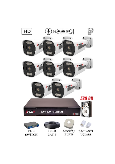 Fury 8 Kameralı Ip Güvenlik Kamerası Seti Sesli 4mp Gece Renkli Su Geçirmez 1506s 320gb