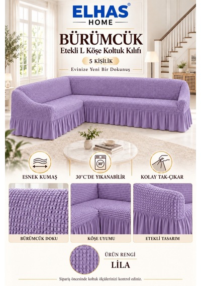 Bürümcük Kumaş 5 Kişilik Etekli L Köşe Koltuk Kılıfı Lila - 934819522 Lila