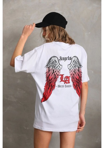 Kadın Baskılı Tişört Kısa Kol Bisiklet Yaka Oversize T-shirt - Beyaz