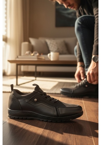 Enoch Hakiki Deri Siyah Erkek Sneaker Ortopedik Taban Siyah