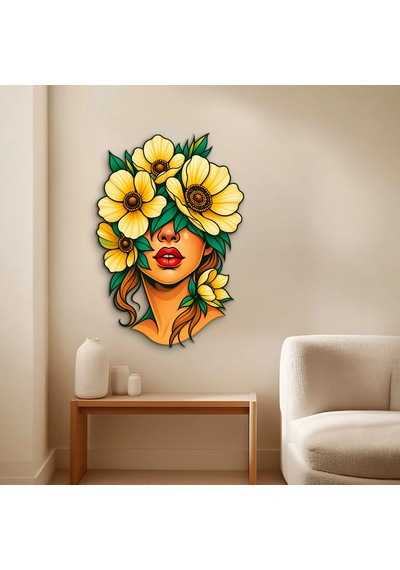 Sarı Çiçeklerle Örtülü Kadın Portresi - Metal Tablo - Dec0280 55 X 80 Cm Çok Renkli
