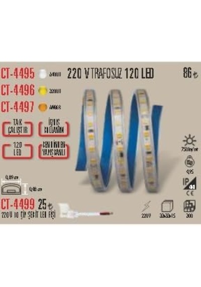 Tr Ct-4496 220v Trafosuz Led Şerit, Günışığı, 120 Led, 5 Metre