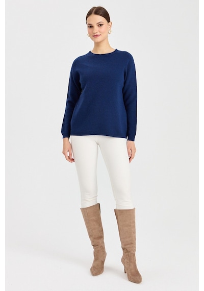 Desen Kadın Minimalist Yuvarlak Yaka Uzun Kol Kazak - Günlük Stil İndigo