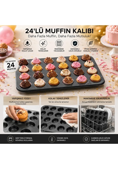 Muffin Ve Cupcake Kalıbı Yapışmaz Karbon Çelik Fırın Tepsisi, Kek Ve Tart Kalıbı 6 Gözlü / 12 Gözlü / 24 Mini Gözlü Seçenekleri Çok Renkli
