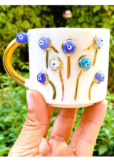 24 Ayar Altın Detaylı Nazar Mug Hayat Ağacı Kabartmalı El Yapımı Sağ Evil Eye 200 Ml Nha Beyaz - Çok Renkli