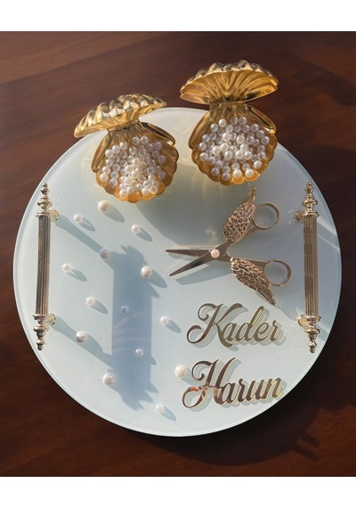 Beloved Gold Beyaz İncili Söz Tepsisi Nişan Tepsisi Ve Damat Kahve Fincan Tepsisi Gri Gri