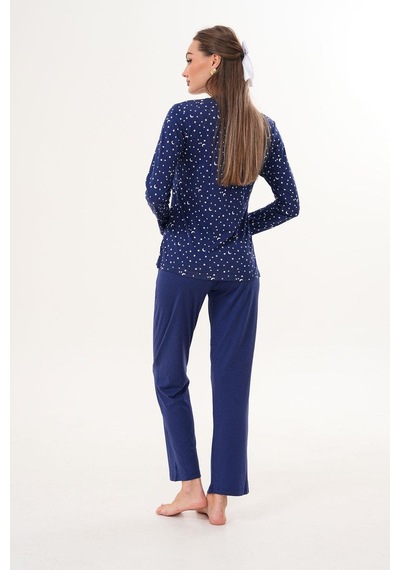 Çift Kaplan Kadın Pamuk Modal Yıldızlı Açık Patlı Lacivert Pijama Takımı 7005 Lacivert