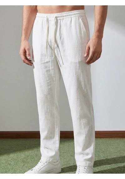 Danger Erkek Baggy Kalıp Beli Lastikli Pamuk Keten Görünümlü Pantolon Ekru 1007dngr